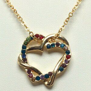 Double Heart Multi Color Fashion Jewelry Rhinestone Chain & Pendant Necklace